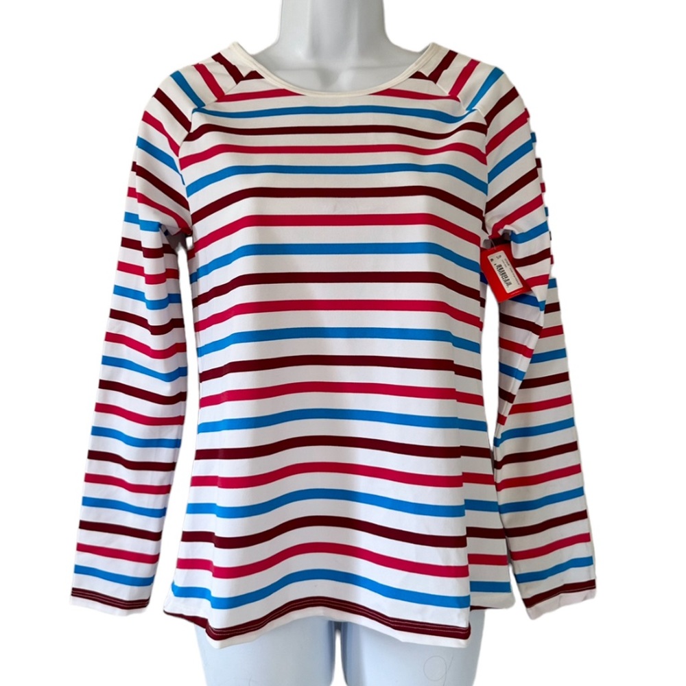 Spanx Women’s Long Sleeved Ocean Striped Hibiscus Swim Pool Shirt- Size Small